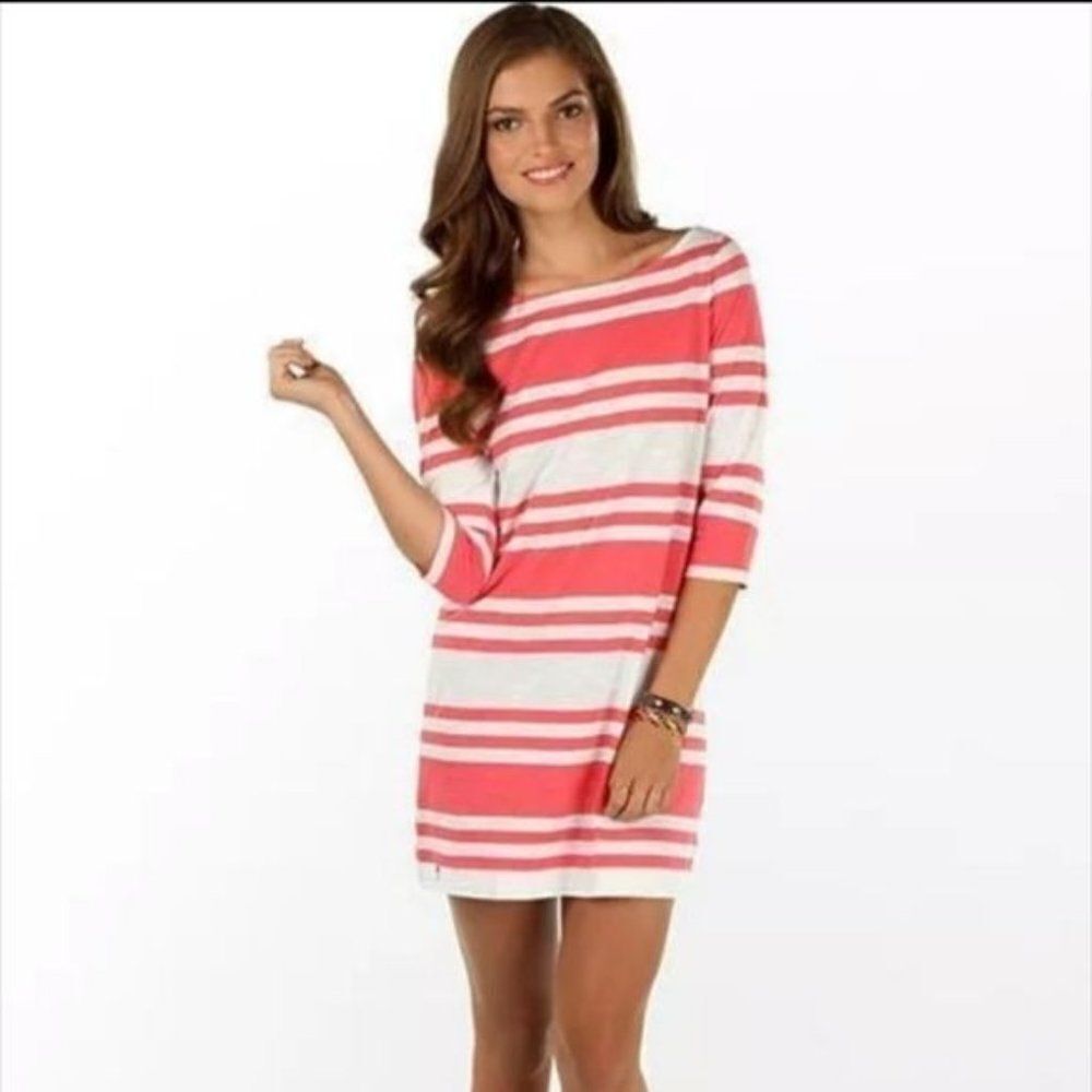 Lilly Pulitzer Cassie Coral Skipper Striped Boat Neck Shirt Dress Women's Size S